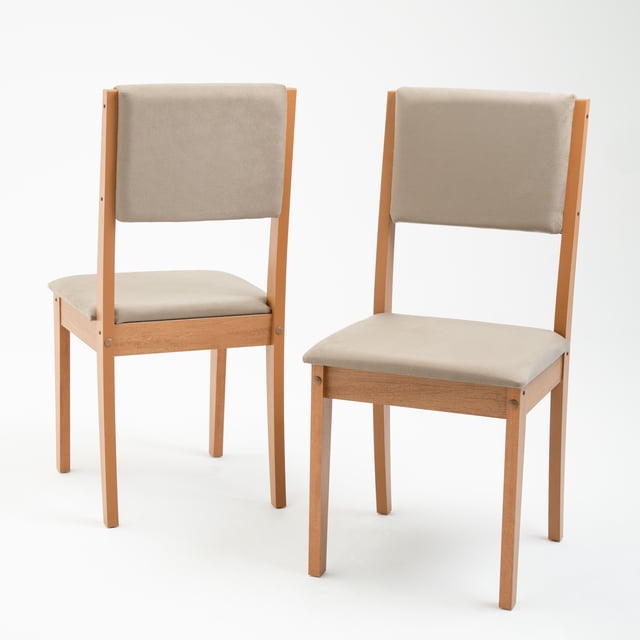 sillas para comedor manaus miel 2 piezas loomber Conjunto de dos sillas Manaus color miel, vista frontal y en 3/4; respaldo alto y asiento acolchado tapizados en tela suave; estructura de madera clara con patas rectas; dimensiones 46×43×92 cm; diseño moderno compatible con ambientes escandinavos, ideal para uso diario.