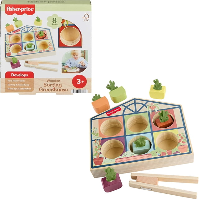 juguete didáctico infantil invernadero para clasificación Fisher-Price en madera para niños 3+ base rectangular con seis ranuras circulares impresa como un invernadero, incluye 6 verduras de madera coloridas y 1 pinza de madera; logo Fisher-Price visible y madera certificada FSC, diseñado para practicar clasificación y coordinación mano-ojo en preescolares; su tamaño compacto también es adecuado para organizar accesorios pequeños al jugar.