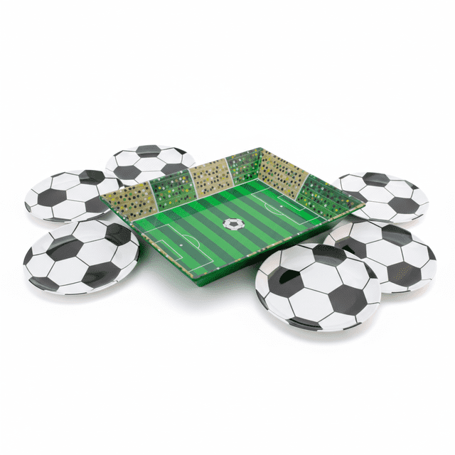 juego botanero cancha de fútbol mundial 31.7 cm con 6 platos de plástico balón 25.4 cm reutilizable — charola central con diseño de cancha de fútbol verde (31.7 cm) y balón gráfico en el centro, borde con gradería impresa; seis platos redondos con patrón de balón blanco y negro (25.4 cm) dispuestos alrededor; plástico multicolor, reutilizable, ideal para fiestas y reuniones; también suele usarse para presentar botanas por porciones.
