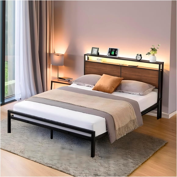 Base de Cama Queen Size con Cabecera y Luces LED, Plataforma de Metal Antideslizante con Puertos USB y Tomas de Corriente | UTILIA