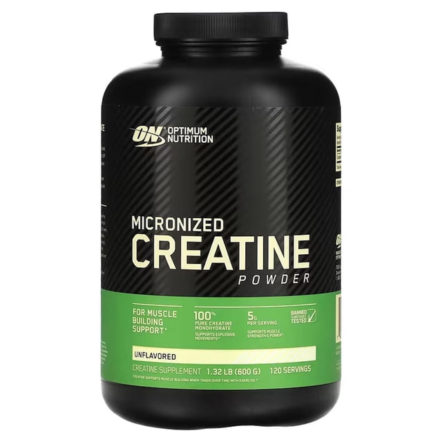 creatina optimum nutrition creatina micronized powder 114 serv. sin sabor — Vista frontal de envase negro de 600 grs Optimum Nutrition con banda verde, texto grande "CREATINE", indicación "Micronized", etiqueta "Sin sabor" y detalle "5 g por porción"; tapa roscada negra sobre fondo blanco. Suele usarse como suplemento para entrenamientos y preparación de batidos deportivos.