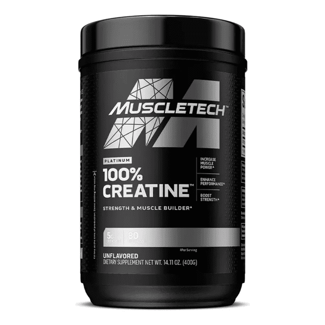 muscletech platinum 100% creatine 400 gramos frasco frontal plateado y negro con logo MuscleTech, etiqueta "100% CREATINE" y leyenda de 5 g por porción; suplemento en polvo de monohidrato de creatina micronizada sin sabor, a menudo usado por atletas para apoyar fuerza y rendimiento.