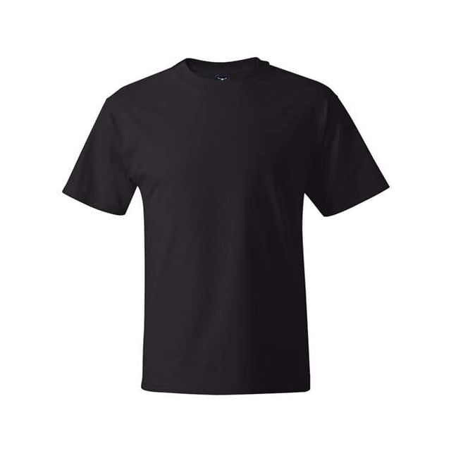 camiseta hanes beefy-t de manga corta con cuello redondo para hombre negro grande alta vista frontal centrada de camiseta negra Hanes talla grande con cuello redondo sencillo, mangas cortas y silueta recta sobre fondo blanco; a menudo se utiliza también como camiseta básica para capa interior.