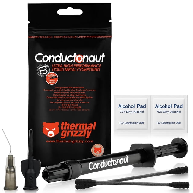 pasta térmica thermal grizzly conductonaut 1g para ps5, cpu, gpu Jeringa negra de 1 g con texto blanco 'Conductonaut', bolsa negra sellada con logo naranja Thermal Grizzly y leyenda del producto; accesorios: boquillas aplicadoras, hisopos y dos toallitas con alcohol visibles. Vista frontal, producto centrado sobre fondo blanco; a menudo usado por técnicos para aplicación y pruebas en disipadores y ensambles electrónicos.