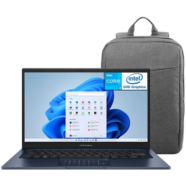 laptop asus vivobook 14 intel core i3 1315u 24gb ssd 256gb 14" teclado ingles mochila ideal para estudiantes y profesionales Azul vista frontal centrada de la ASUS Vivobook 14 con pantalla 14" Full HD encendida mostrando el escritorio, teclado en distribución inglés y touchpad visibles; mochila gris detrás como accesorio, apta para estudio y trabajo diario.