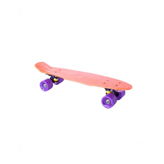 Patineta semiprofesional minicruiser tipo Penny Display naranja trucks negros ruedas moradas