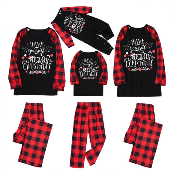 Pijamas Navideños Para La Familia Trajes A Juego O-Cuello A Cuadros Manga Larga Crawl X-Max Estampado Pijamas Conjunto Mujer