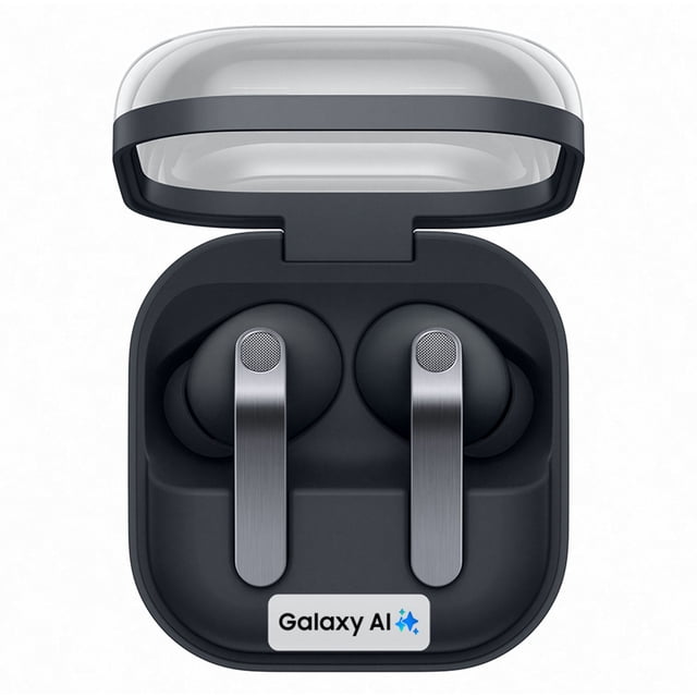 audifonos samsung galaxy buds 4 pro negros vista cenital dentro de estuche abierto, ambos auriculares con tallo metálico cepillado y puntas de silicón negras, etiqueta Galaxy AI en la base, diseño Blade y acabado metálico según especificaciones, hasta 30 horas de autonomía y Bluetooth 6.1; también suelen usarse para llamadas y viajes por su tamaño compacto.
