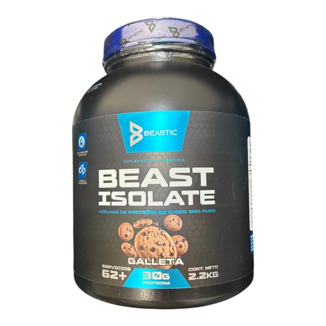 proteína isolada beastic beast isolate – galleta 2.2kg | 30g por porción frasco negro centrado, vista frontal con tapa azul sellada; etiqueta indica 30 g de proteína por porción y 62+ servicios, presentación en polvo para mezclar en agua o bebida y bajo en carbohidratos y grasas según etiqueta; también suele usarse como complemento proteico en batidos y postres caseros.