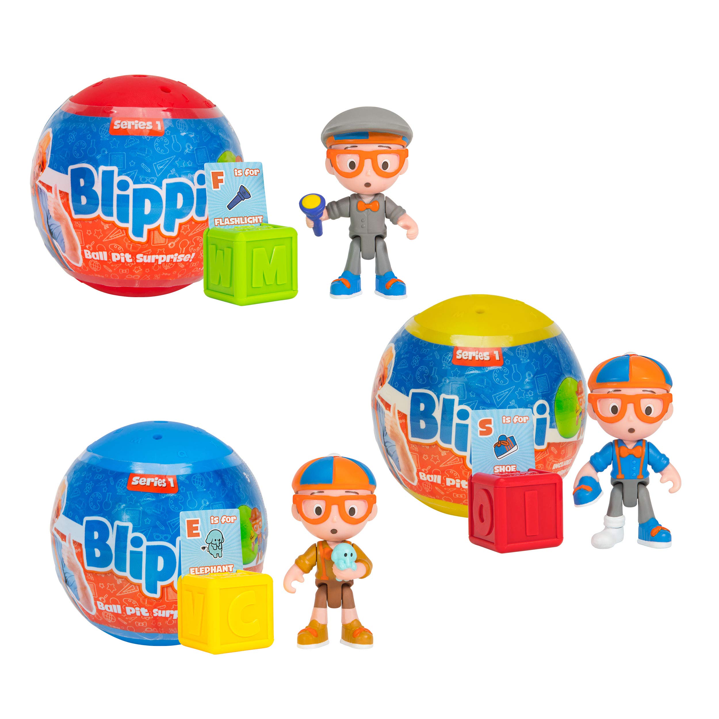 Bote de bolas Toy Blippi Surprise, paquete de 3 con figuras y bloques