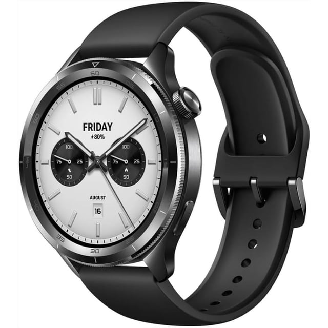 smartwatch xiaomi reloj s4 black – vista 3/4 frontal del Xiaomi Watch S4 en negro con pantalla AMOLED de 1.43 pulgadas (466×466) y bisel metálico, carátula analógica-digital en pantalla, corona y botón lateral, correa de silicón negra perforada; especificado con 2200 nits de brillo, batería hasta 15 días, resistencia 5 ATM y sensores de frecuencia cardíaca y SpO₂.