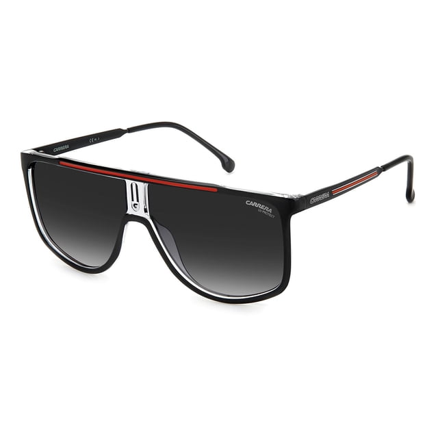 lentes de sol carrera hombre 205782oit619o negro-rojo negro unitalla vista 3/4, montura navigator negra con lentes maxi degradadas, inserto rojo en la línea superior plana, placa central metálica con la 'C' de Carrera, varillas metálicas con inscripción y bandera, ancho lente 61 mm, puente 11 mm y largo de varillas 145 mm; suelen usarse también para viajes urbanos.