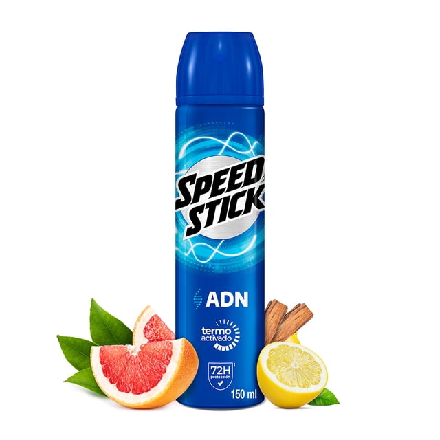 desodorante hombre men speed stick adn antitrasnpirante en aerosol 150 ml envase frontal azul con tapa, logotipo Speed Stick y texto ADN visibles, sello 72H y marca de 150 ml en la etiqueta; sobre fondo blanco con rodajas de toronja y limón y astillas de madera que sugieren la fragancia.