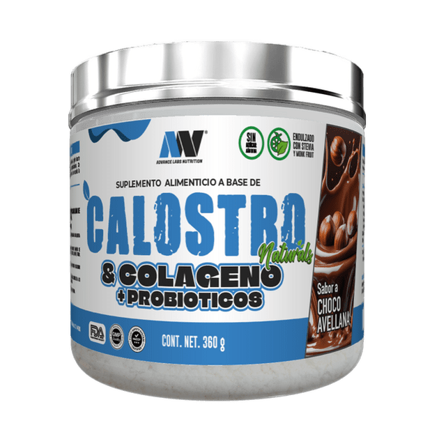 calostro colágeno y probióticos advance labs naturals stevia y monk fruit chocolate avellana 60 serv 300g Frontal tub with silver lid labeled Calostro & Colágeno + Probióticos by Advance Labs Nutrition; white container with blue and black text, icons noting sweetened with stevia and monk fruit, chocolate-avellana flavor panel and net 300 g (60 servicios) on label, displayed on plain background; often used as a flavored shake for post-workout or digestive routine.