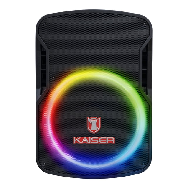 bocina profesional bluetooth kaiser msa-6516mx 15 pulgadas 32 000 w pmpo más tripíe y micrófono — Vista frontal centrada de la bocina multicolor con rejilla negra y aro LED RGB alrededor del cono, logo Kaiser rojo en el centro, ranuras laterales y base para montaje en trípode; ideal para karaoke o presentaciones y a menudo usada como monitor portátil en eventos pequeños.