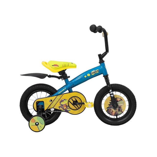 bicicleta veloci dino rodada 12 azul infantil bicicleta infantil rodado 12 con cuadro de acero rígido azul, ruedas de entrenamiento, cubrecadena de plástico con gráfico de dinosaurio, asiento amarillo, guardabarros trasero negro y manubrio alto; vista lateral derecha, ideal para niños de 2 a 4 años (70–85 cm), también suele usarse para practicar equilibrio en patios y parques.