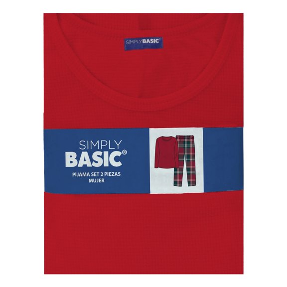 Pijama Simply Basic para Dama Set Playera Manga Larga con Pantalón Estampado Cuadros Rojo Talla CH 2 Piezas.