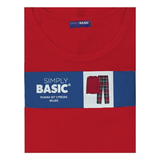 Pijama Simply Basic para Dama Set Playera Manga Larga con Pantalón Estampado Cuadros Rojo Talla CH 2 Piezas.