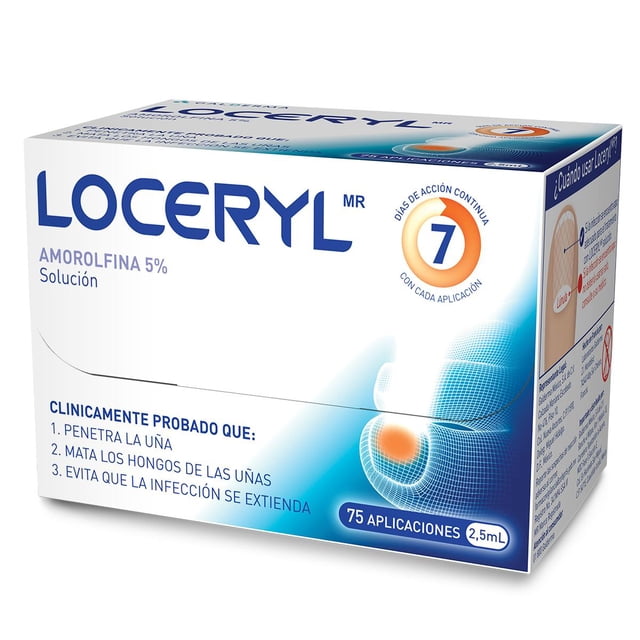 loceryl solución para uñas 2.5 ml caja en vista 3/4; caja blanca y azul con logo LOCERYL en azul, texto "Amorolfina 5% Solución", medallón naranja con número 7, ilustración de una uña con punto naranja y la leyenda "75 aplicaciones 2,5 mL" visible.