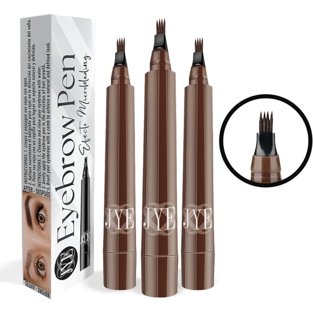 JYE Plumón para Cejas Efecto Microblading, Dibujo pelo a pelo, Impermeable, Larga duración, Maquillaje para cejas. 3 Piezas CAFE OSCURO