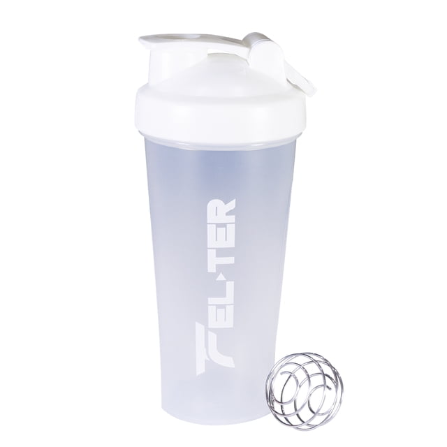 shaker vaso mezclador proteina, 750ml, felter sports blanco con logo FELTER vertical, vista frontal centrada de cuerpo translúcido y tapa rosca blanca con asa integrada, batidor de acero inoxidable junto al vaso y franjas de agarre laterales visibles; ideal para batidos y suplementos, a menudo usado para llevar mezclas en viajes cortos.