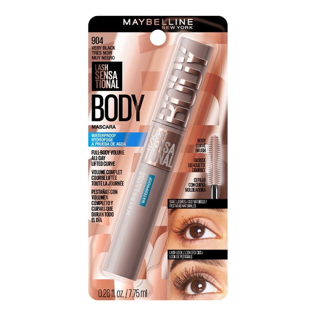 máscara para pestañas maybelline body lash wtp very black 9ml empaque rosa y negro, tubo cilíndrico rosa metalizado con texto BODY y cepillo curvo visible; panel muestra ojos antes y después con pestañas elevadas y volumen extremo; indica 24H de levantamiento, fórmula vegana y pigmentación negro intenso; adecuada para looks construibles.
