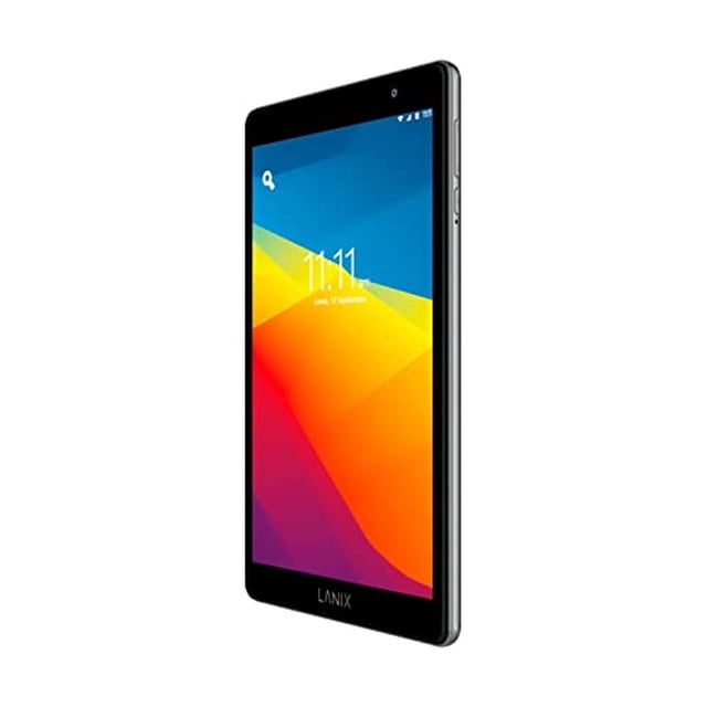 tablet lanix 12753, 2 gb, spreadtrum, 8 pulgadas, android 12, 32 gb vista 3/4 frontal con pantalla encendida y fondo geométrico, carcasa negra, cámara frontal en el bisel superior, logo Lanix en el borde inferior y botones de volumen y encendido en el lateral derecho; adecuada para navegación y multimedia, también usada como lector de e-books.