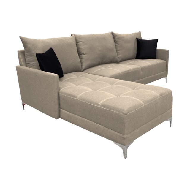 sala esquinera el bazar store caslon 260x180 cm lino nacional beige moderna abotonada Sala esquinera modelo Moderno Caslon en lino nacional beige, vista 3/4 frontal con chaise longue; silueta recta, brazos bajos y respaldo con tres cojines. Asiento abotonado con doble costura visible, estructura 100% madera de pino estufada y patas desmontables que se instalan según instructivo. Cojines oscuros visibles. Medidas: 260 cm x 180 cm x 75 cm. A menudo usada para aprovechar esquinas y crear zona de descanso en salas modernas.