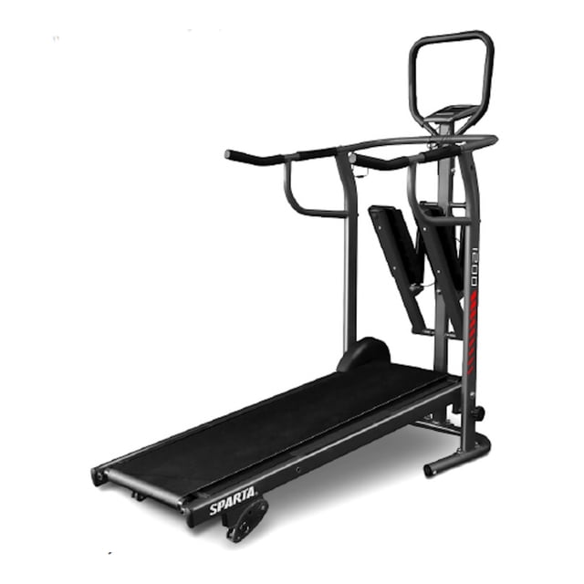 caminadora multifuncional plegable sparta walk2in1 apuspa0008 2 en 1 con escalador. Vista tres cuartos frontal de la caminadora negra con estructura tubular, cinta de rodamiento plana, escalador vertical integrado y manubrio alto; incluye barras laterales, ruedas frontales para transportar y computadora con funciones de velocidad, tiempo, distancia y calorías. Plegable y compacta, a menudo utilizada para entrenamientos en casa o para ahorrar espacio de almacenamiento.