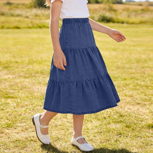 Falda midi vaquera escalonada para niñas, cintura alta elástica, corte en A, falda larga informal, suave, transpirable, con volantes, color negro, tallas de 4-5 a 14-15 años.