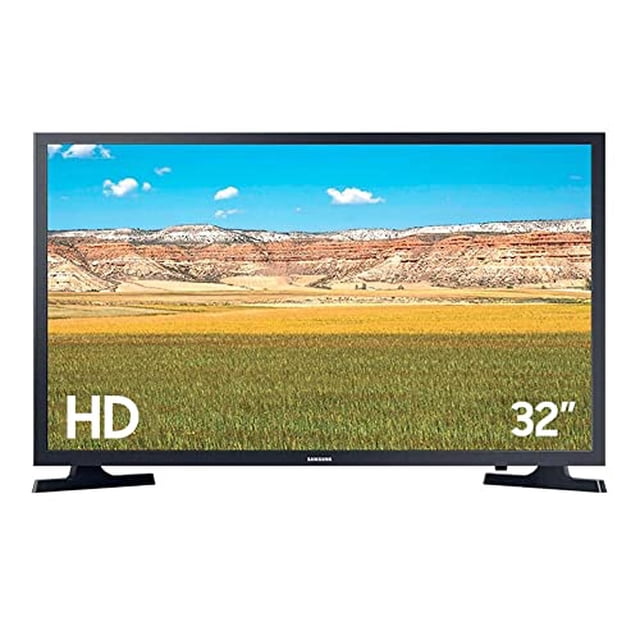 samsung televisor 32 pulgadas hd smart tv led un32t4310afxzx televisor LED 32" vista frontal centrada con marco negro delgado y peana doble; pantalla muestra paisaje con los marcadores "HD" y "32\""; especificado con HDR y PurColor en ficha técnica; también suele usarse montado en pared en espacios compactos.