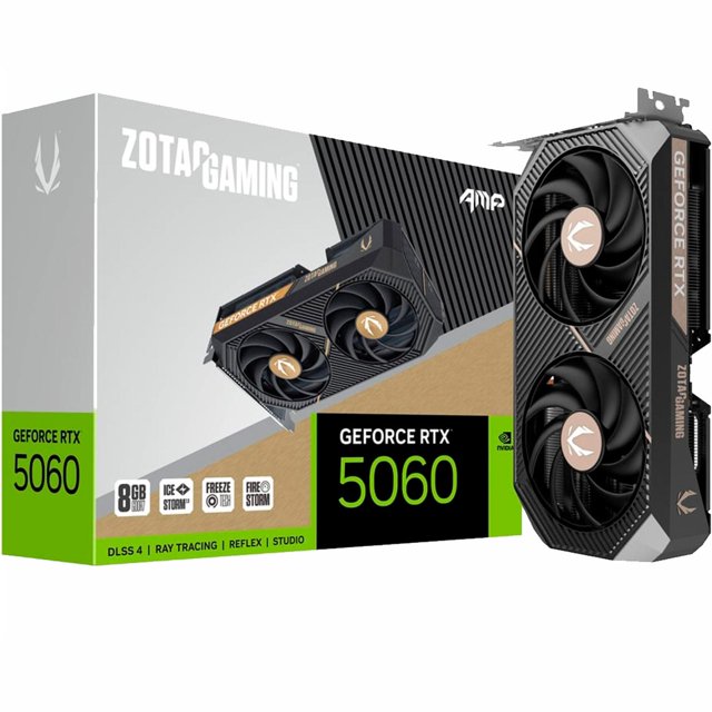 tarjeta de video zotac gaming geforce rtx 5060 amp 8gb gddr7 zt-b50600f-10m Tarjeta gráfica compacta negra con dos ventiladores axiales y disipador expuesto junto a su caja blanca y verde marcada 5060; especificaciones listadas en el empaque y ficha: NVIDIA GeForce RTX 5060, 8GB GDDR7, bus de 128-bit, reloj motor 2550 MHz y reloj de memoria 28 Gbps; diseñada para rendimiento en 1080p/1440p y apta también para estaciones compactas de creación de contenido.