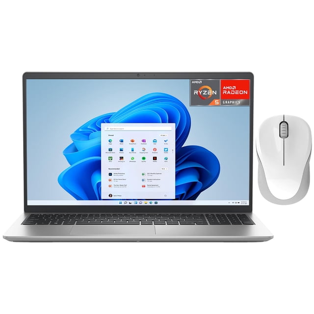 laptop dell inspiron 15 3535 amd ryzen 5 7520u 8gb ram 512gb ssd 15.6' windows 11 home teclado en español plateado — Vista frontal centrada de la laptop abierta con pantalla IPS 15.6" Full HD mostrando el escritorio de Windows 11, biseles delgados y cámara HD en el borde superior; carcasa y reposamanos plateados, teclado chiclet en español con bloque numérico y touchpad amplio; mouse blanco a la derecha. Laptop para oficina y estudio, también adecuada para estudiantes que realizan videollamadas y tareas diarias.