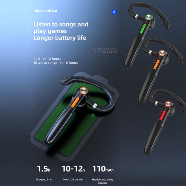 auriculares manos libres inalámbricos xihbxyly para menores de 10 años estéreo negro, auricular con gancho y brazo micrófono en carcasa negra con acentos LED naranja/verde/rojo, vistas frontal y lateral sobre fondo gris con texto de Bluetooth 5.0 y cifras de duración de batería; también adecuado como audífono manos libres portátil para llamadas en movimiento.