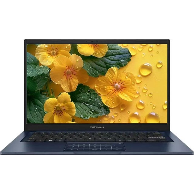 laptop asus vivobook 14 14'' fhd intel i5-1334u 12gb ram 256gb ssd, vista frontal abierta con pantalla FHD que muestra flores amarillas, teclado en español, carcasa azul oscuro, biseles delgados y touchpad visible; adecuada para trabajo móvil y estudio.