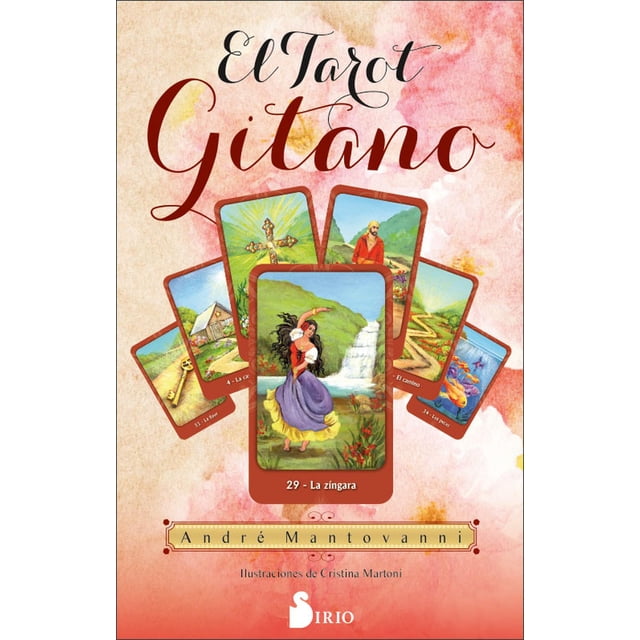 el tarot gitano (libro cartas) portada frontal de libro impreso con siete cartas ilustradas en abanico; carta central 29 «La zingara» muestra a una mujer bailando frente a una cascada, bordes rojos, fondo acuarela rosa, título caligráfico y logotipo SIRIO en la base.