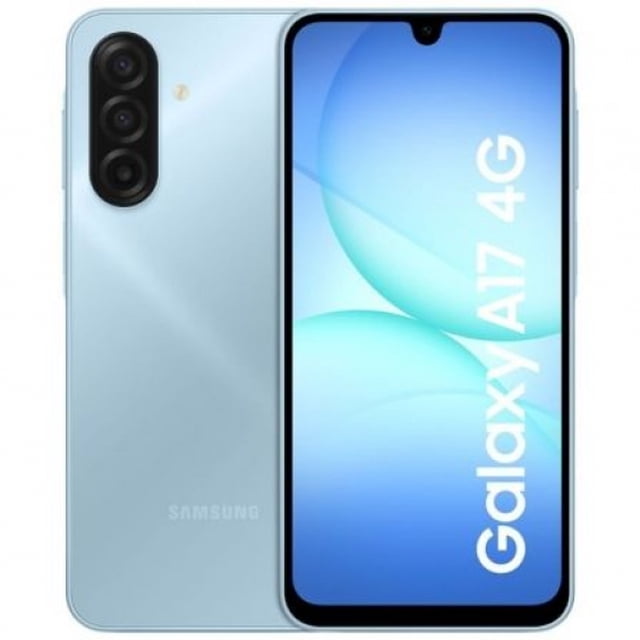 smartphone samsung galaxy a17 dual 128gb 4ram azul vista frontal y trasera centrada con pantalla 6.6" HD+ y notch tipo gota; panel muestra texto Galaxy A17 4G, carcasa azul mate con arreglo vertical de cuatro cámaras traseras (50MP + 5MP + 2MP + 2MP) y sensor de huella lateral visible en el borde; a su tamaño compacto también es adecuado para llevar como teléfono principal de uso diario y capturar fotos con su cámara 50MP.