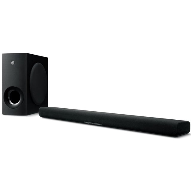 barra de sonido yamaha sr-b40a envolvente 200w bluetooth vista 3/4 frontal de la barra alargada y subwoofer negro; barra con rejilla textil y silueta rectangular redondeada, subwoofer con puerto bass reflex circular a la izquierda; diseñado para Dolby Atmos, Bluetooth 5.1 y subwoofer inalámbrico según ficha técnica, también suele usarse para mejorar audio de TV en salas pequeñas.