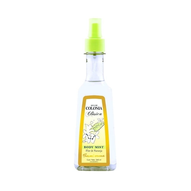 fragancia sanborns sanborns notas cítricas 260ml Colonia de 260 ml, vista frontal centrada con atomizador verde lima; botella transparente con etiqueta dorada que lee 'Colonia Clásica' y 'Body Mist Flor de Naranja', ilustración de flores blancas y hojas verdes, menciona notas cítricas y uso diario en la ficha; a menudo usada como regalo por su presentación.