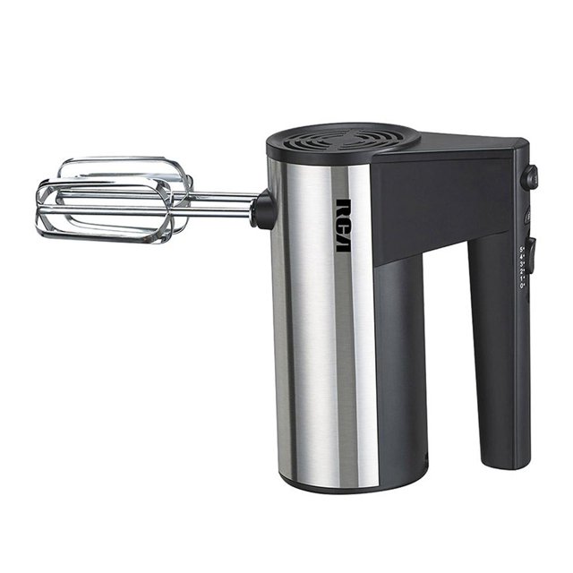 batidora de mano rca 5 velocidades de acero inoxidable batidora manual negra con cuerpo cilíndrico de acero inoxidable, mango en L negro, selector lateral de 5 velocidades y botón de expulsión; incluye dos aspas metálicas para batir y amasar, vista 3/4 sobre fondo blanco, ideal para repostería doméstica y uso portátil.