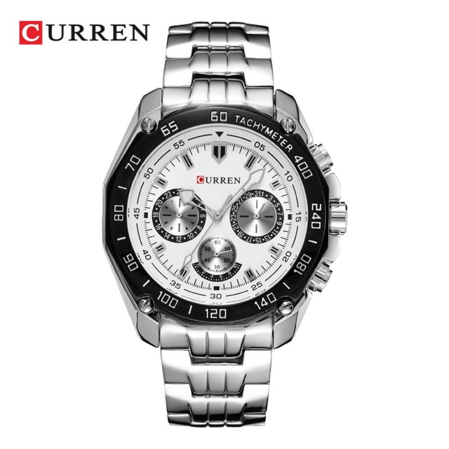 reloj curren krea351902 plateado hombre cuarzo reloj de pulsera plateado con bisel negro marcado con taquímetro, esfera blanca con tres subesferas tipo cronógrafo y marcadores plateados, correa de eslabones de acero inoxidable y coronas laterales; también usado como accesorio de moda.