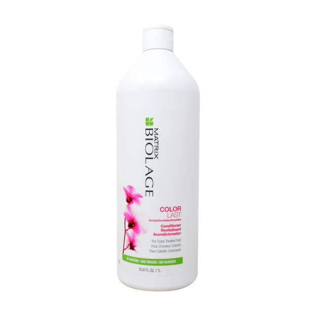 acondicionador biolage colorlast botella blanca frontal de 1 L con logo BIOLAGE, texto "Color Last" en rosa y ilustración de flores rosas en la etiqueta; para cabello teñido, combinar con shampoo Color Last y usar mascarilla semanalmente.