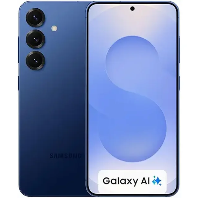 smartphone samsung galaxy s25 128gb 12ram-dark blue vista frontal y posterior centrada: pantalla Dynamic AMOLED 2X de 6.2" con cámara frontal perforada, respaldo azul marino con triple cámara trasera (50 MP, 10 MP, 12 MP), 12GB RAM y 128GB de almacenamiento, procesador octa-core 3.5GHz/4.47GHz; también adecuado para guardar fotos y videos en viaje.