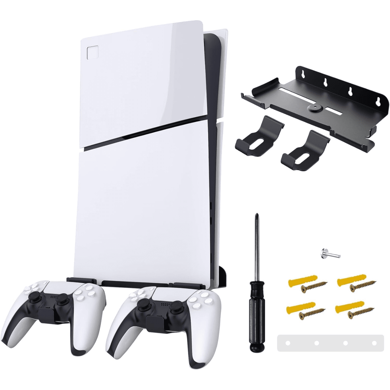 Soporte de pared para PS5 Slim, soporte para PS5 Slim con 2 soportes extraíbles para mandos, kit de montaje en pared para PS5 detrás del televisor, estante para juegos PS5 Slim para pared
