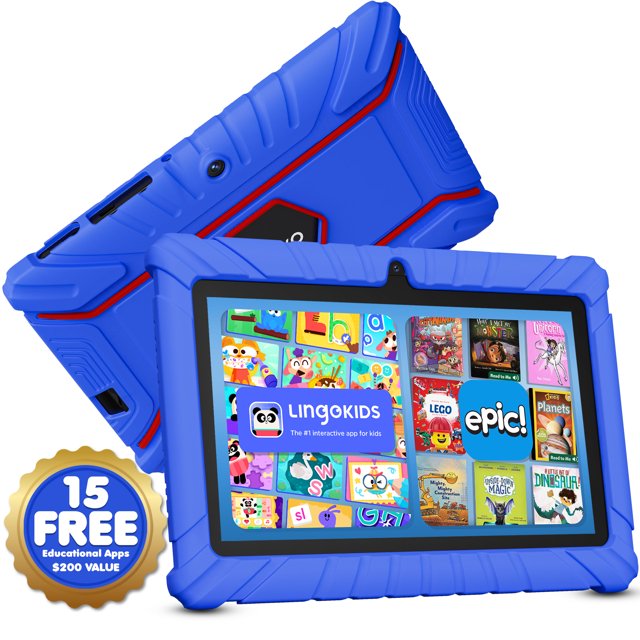 tablet infantil contixo v8-2 7 pulgadas control parental android 16 gb rom hd azul oscuro con funda protectora azul oscuro, vista frontal y trasera; pantalla HD 7" muestra apps educativas como LingoKids y Epic, cámara frontal, puertos laterales y esquinas reforzadas que ayudan a proteger contra caídas; adecuada para aprendizaje y juego supervisado.