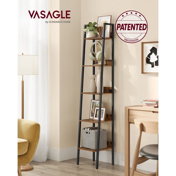 VASAGLE - Librero de 5 niveles, estante estrecho, 11.8 x 13.3 x 66.9 pulgadas, estante de escalera para oficina en casa, sala de estar, dormitorio, cocina, color marrón rústico y negro tinta