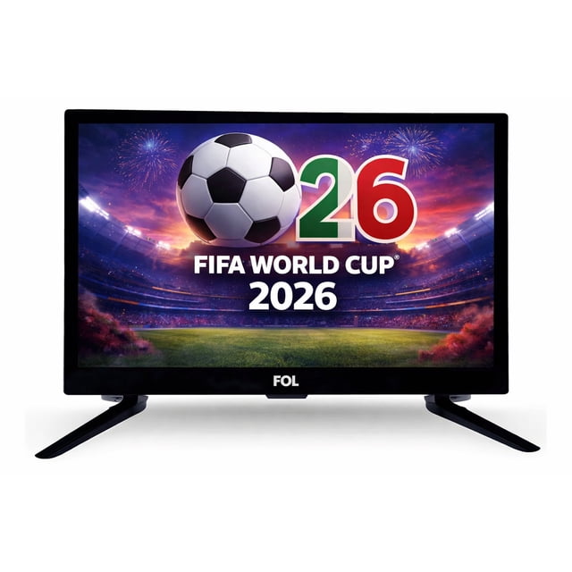 pantalla 19 pulgadas fol led tv full hd ft-19b1 pantalla LED 19 pulgadas con logo FOL en el bisel inferior, vista frontal con soporte en V; muestra imagen Full HD de estadio con texto "FIFA WORLD CUP 2026"; ficha indica entradas USB, HDMI y VGA; ideal para streaming y ver series.