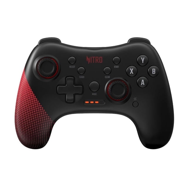 control gamer acer ngr200 nitro negro Vista frontal del control Acer Nitro NGR200 negro con joysticks analógicos asimétricos, cruceta D-pad, botones A/B/X/Y y gatillos superiores; logo Nitro centrado y mango izquierdo con patrón texturizado rojo. Puerto USB-C y tres LED de modo visibles; compatible con Windows y Android, XInput y doble vibración, también apto para juegos móviles y emulación en PC.