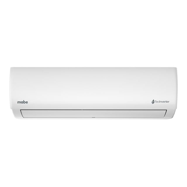 minisplit mabe inverter frío-calor 1 tonelada (12000 btu's) 110v mmi12habwcatm1 blanco, vista frontal centrada de la unidad interior de pared; cuerpo rectangular liso con rejilla inferior para salida de aire, logo Mabe y sello TecInverter en el panel, display LED visible y control remoto incluido; tubería interna de cobre y gas R410A, ideal para climatizar habitaciones medianas y también adecuado para oficinas pequeñas.