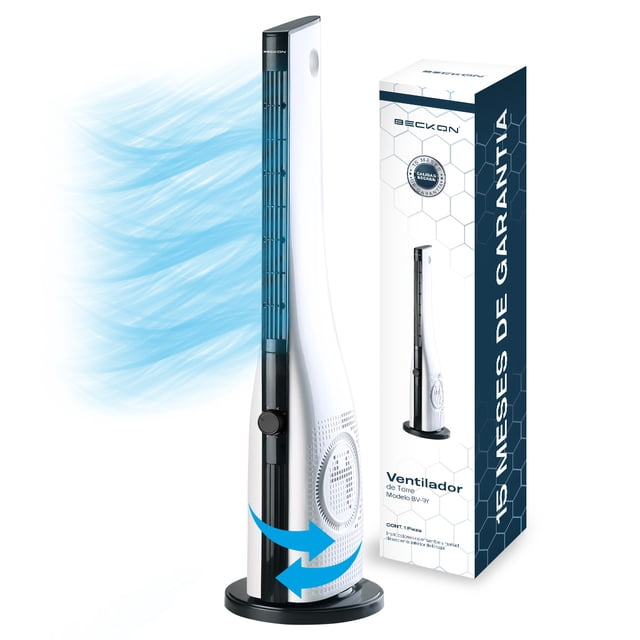 ventilador de torre sin aspas bladeless bv-9y blanco ultra silencioso con oscilación 90cm de alto beckon, vista frontal centrada de torre blanca de 90 cm con base circular negra y control giratorio negro en la parte baja; caja del producto Beckon visible al lado y flechas azules que muestran flujo de aire y oscilación 60°; especificado para habitaciones hasta 20 m2 y funcionamiento silencioso (40 dB); a menudo usado también para refrescar escritorios o áreas de trabajo pequeñas.